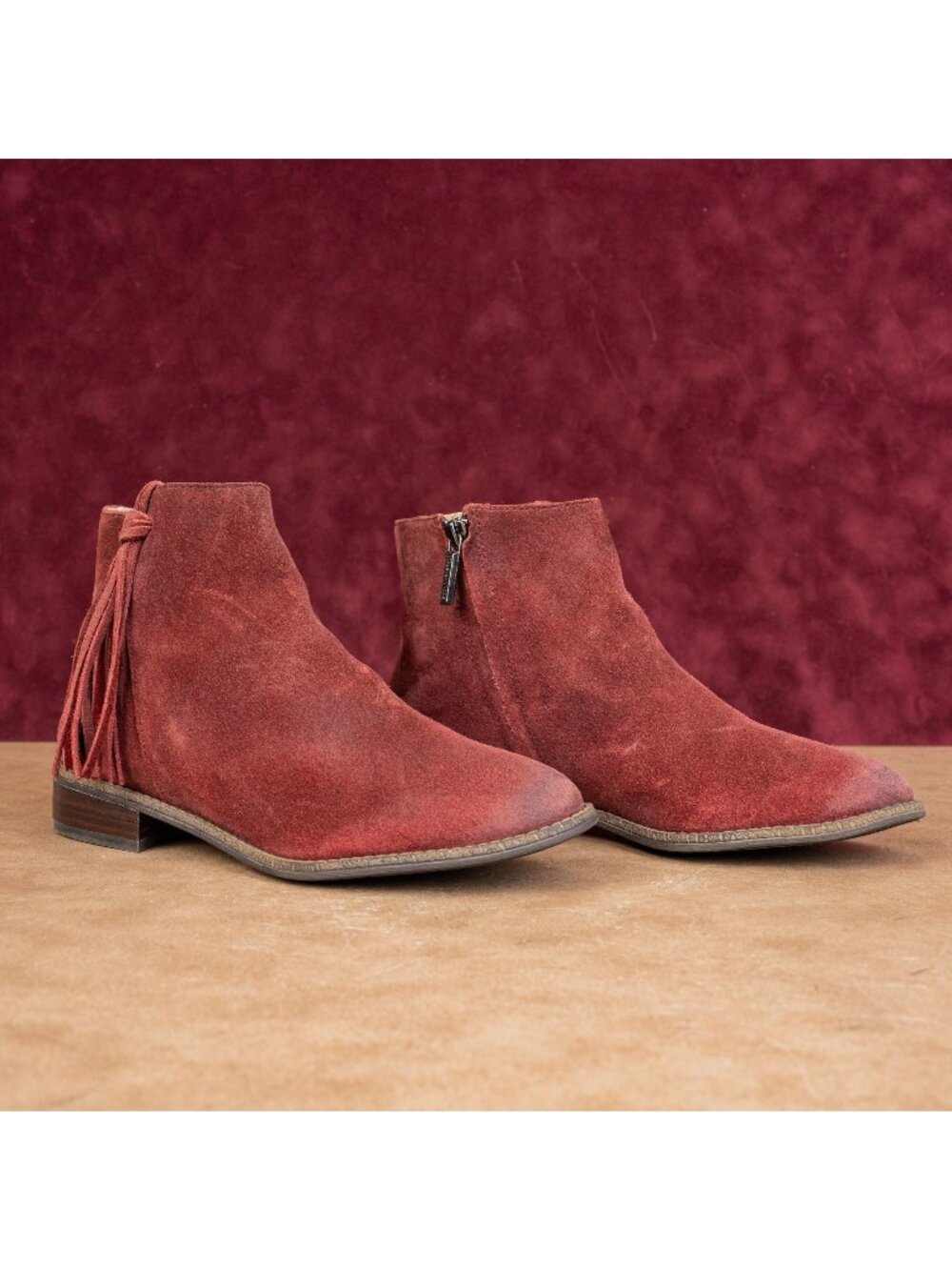 Karl Lagerfeld Paris Women Sixte Burgundy Suede Tassel Ankle Boots size 6